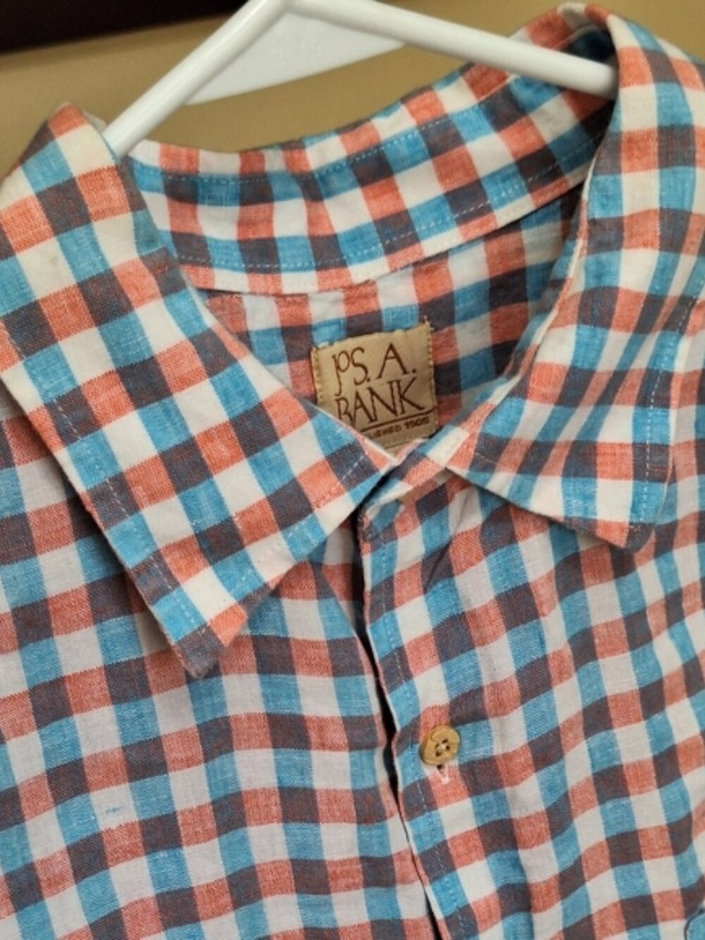 Jos A Bank 100% Linen Men's Blue Plaid Short Sleeve Shirt Size XL